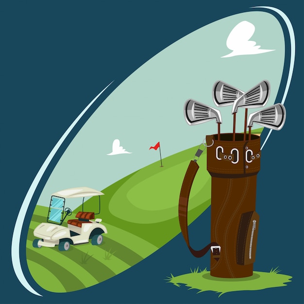 Illustration de club de golf avec un champ vert pour un jeu de sport, voiture électrique et clubs. conception de bande dessinée.