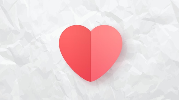 Vecteur illustration d'un coeur rouge sur fond de papier blanc froissé avec une ombre dans un design réaliste