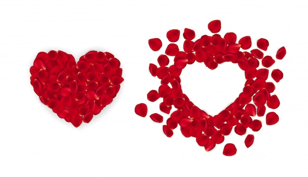 Illustration de coeur de type différent de pétale de rose. Coeur composé de pétales de rose rouges isolé sur fond blanc
