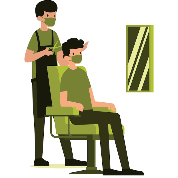 Vecteur illustration d'un coiffeur et de son client portant des masques