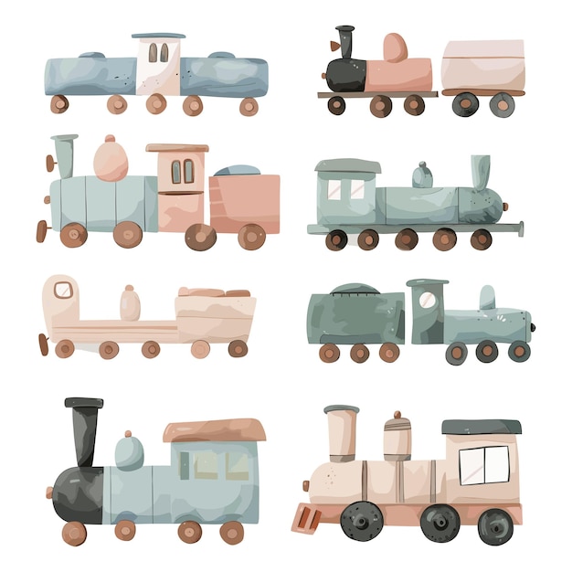 Vecteur illustration de la collection de trains jouets à l'aquarelle pastel