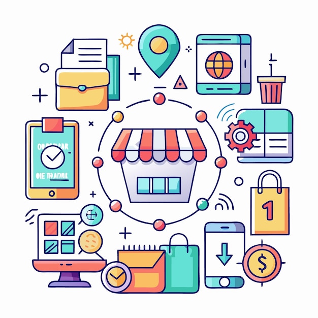 Illustration colorée des achats en ligne avec un ordinateur de téléphone de magasin et des sacs d'achat