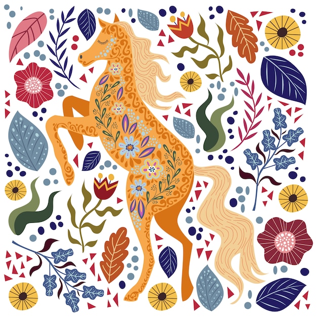 Illustration colorée d'art avec beau cheval folk abstrait et de fleurs.