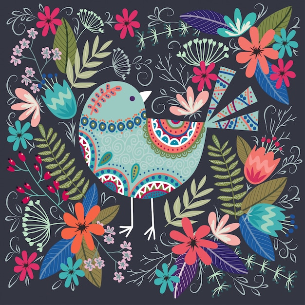 Illustration Colorée Avec Bel Oiseau Et Fleurs.