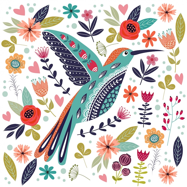 Illustration Colorée Avec Bel Oiseau Folk Abstrait Et Fleurs.