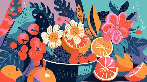 Une illustration colorée d'un bol de fruits et de fleurs.