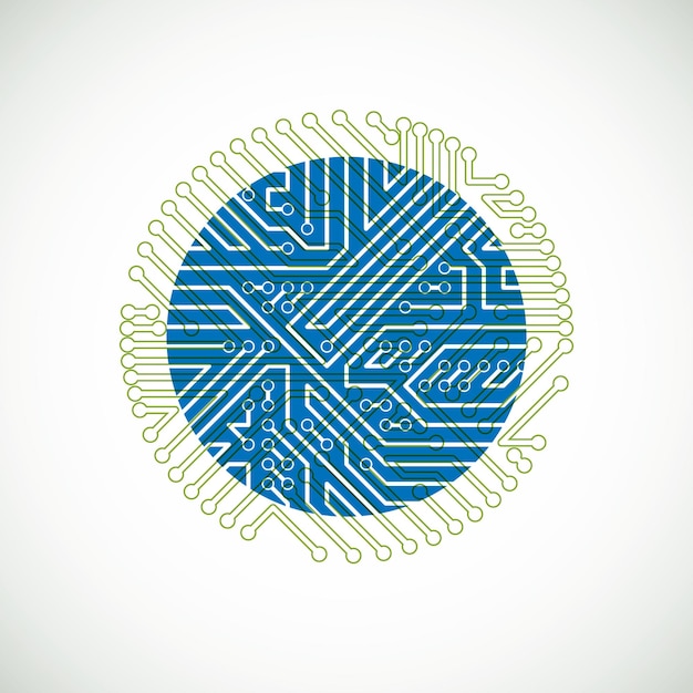 Vecteur illustration colorée de carte de circuit imprimé d'ordinateur abstrait vectoriel, élément de technologie rond vert et bleu avec connexions. conception de sites web sur le thème de l'électronique.