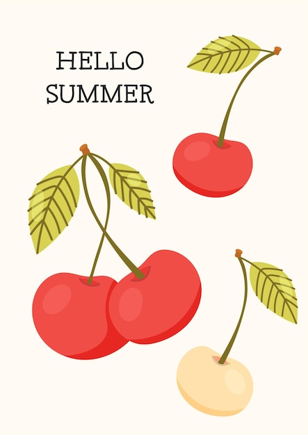 Illustration colorée de cerise avec salut d'été et de feuilles