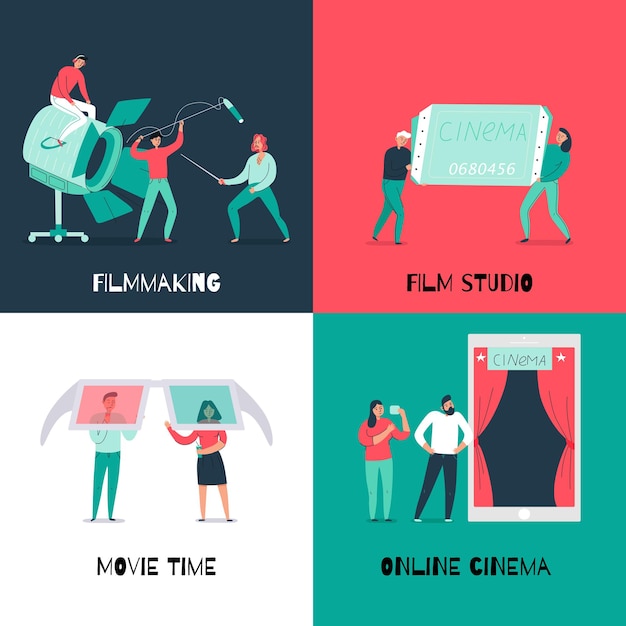 Illustration Colorée Avec Cinéma En Ligne Et équipe De Tournage à Plat Isolé