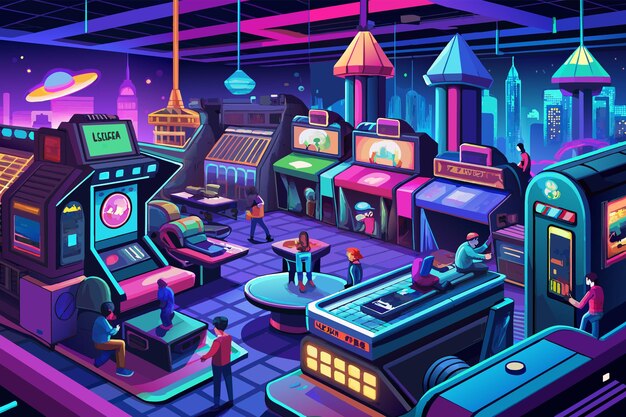 Vecteur illustration colorée d'un décor d'arcade futuriste avec des lumières au néon mettant en vedette diverses machines à jouer et des personnes engagées dans le jeu