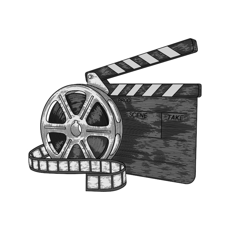 Vecteur illustration colorée dessinée à la main d'une bobine de film et d'un clapperboard