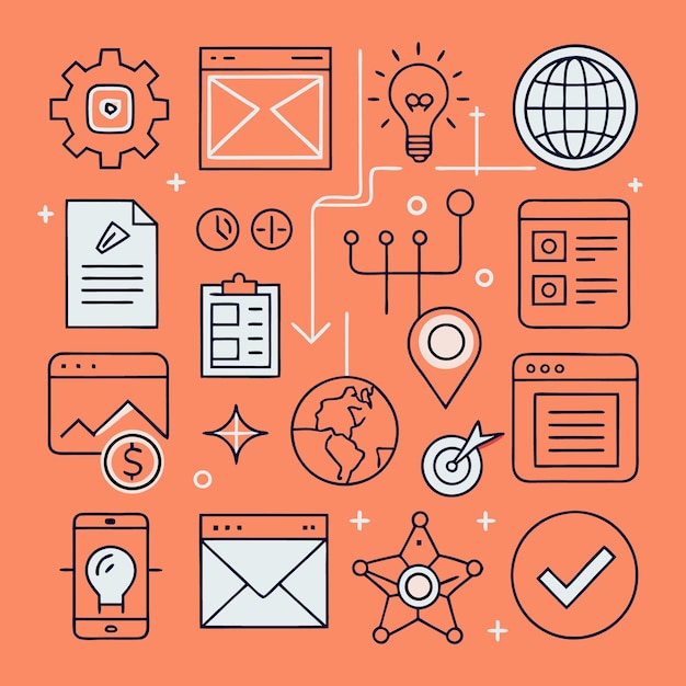 Une illustration colorée avec diverses icônes représentant des concepts de marketing et de technologie d'entreprise