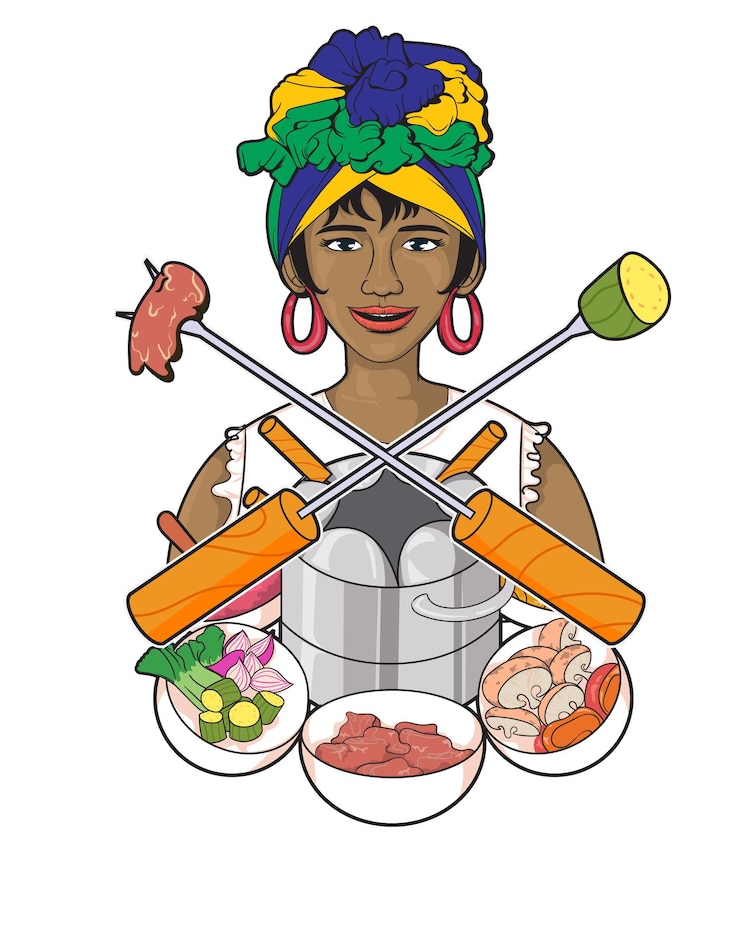 Vecteur illustration colorée de fondue avec une femme africaine enfonçant des légumes, de la viande et du pot.