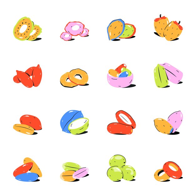 Une illustration colorée de fruits et légumes, y compris un panier de fruits.