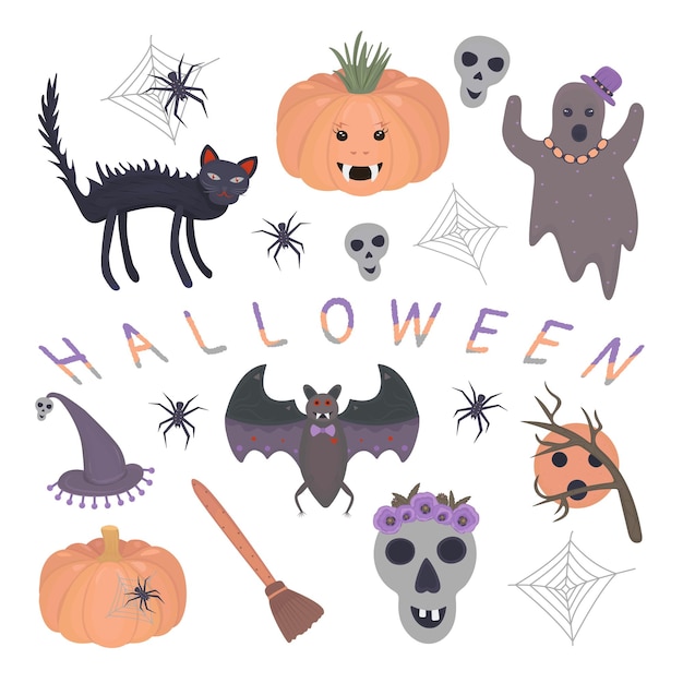 Vecteur illustration colorée d'halloween dans des tons gris orange et violet