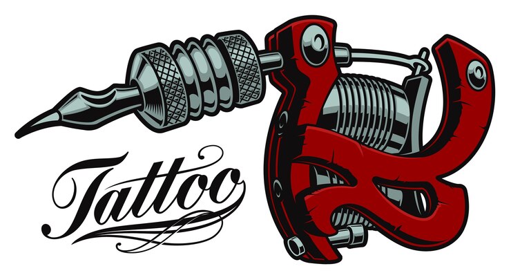 Illustration colorée d'une machine à tatouer sur fond blanc. Tous les éléments sont dans des groupes séparés.