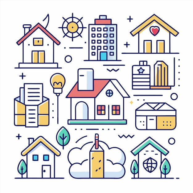 une illustration colorée d'une maison avec une maison et une maison avec un toit rouge