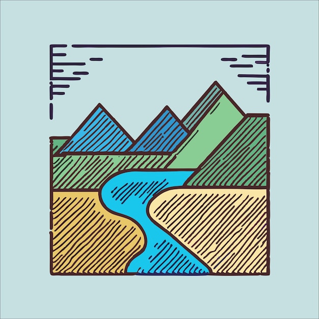 Une illustration colorée des montagnes et d'une rivière.