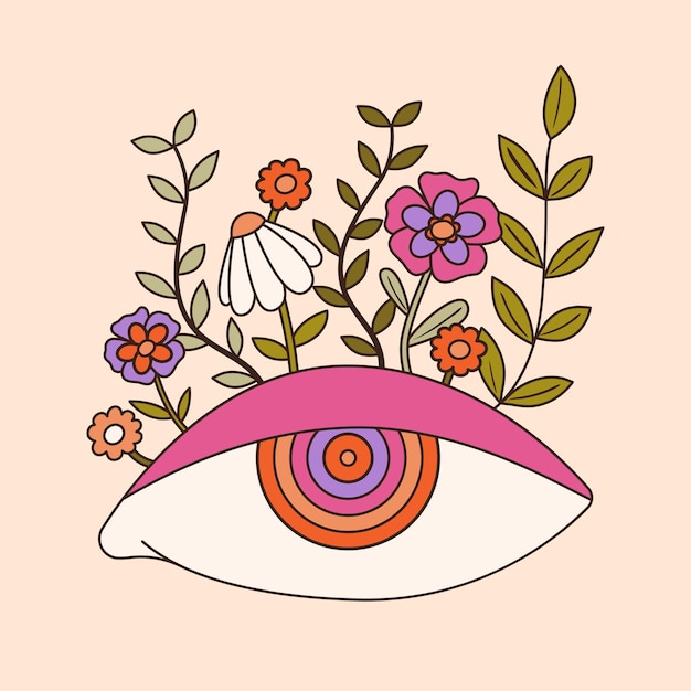 Illustration Colorée D'oeil Et De Fleurs Groovy Dans Le Style Des Années 70 Et 60