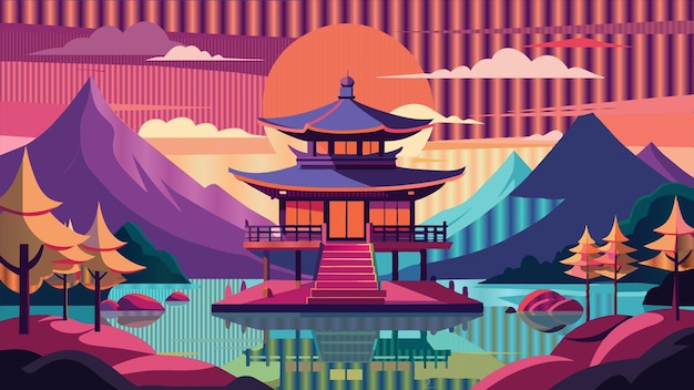 une illustration colorée d'une pagode avec des montagnes et des montagnes en arrière-plan
