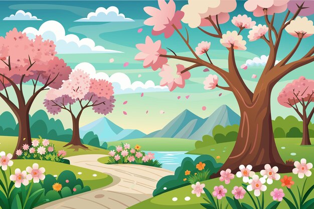 Vecteur une illustration colorée d'un paysage avec des fleurs et une route de terre