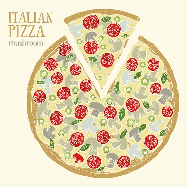 Vecteur illustration colorée de pizza italienne aux champignons.