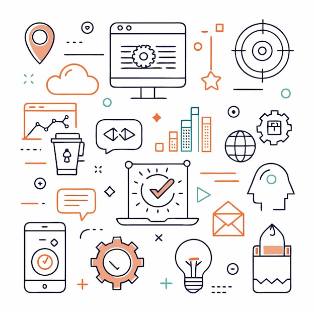 Une illustration colorée d'un plan d'affaires avec des icônes représentant diverses fonctions commerciales telles que le développement du marketing et les finances