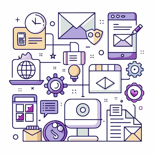 Une illustration colorée représentant divers éléments de marketing numérique reliés entre eux