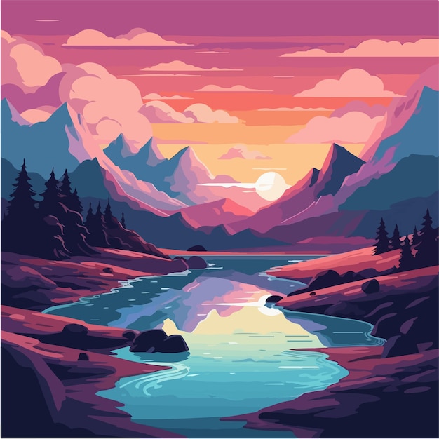 Une illustration colorée d'une rivière et de montagnes au coucher du soleil