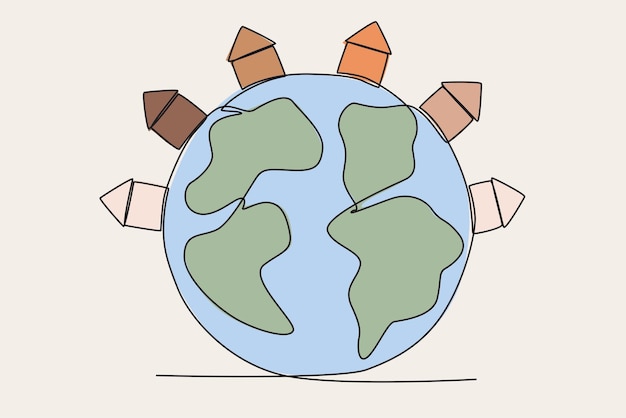 Illustration colorée de la terre avec des maisons autour d'elle Dessin en une ligne de la population mondiale