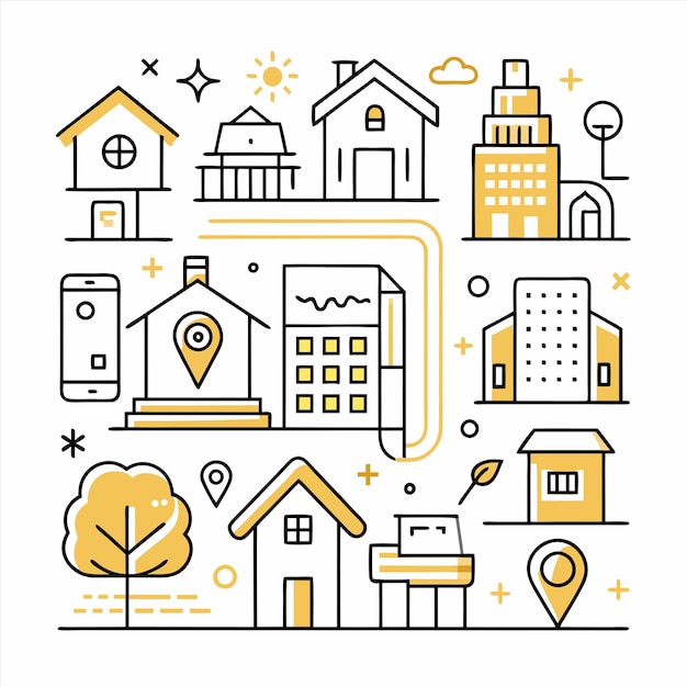une illustration colorée d'une ville avec un bâtiment jaune et un fond blanc avec un cercle jaune dessus