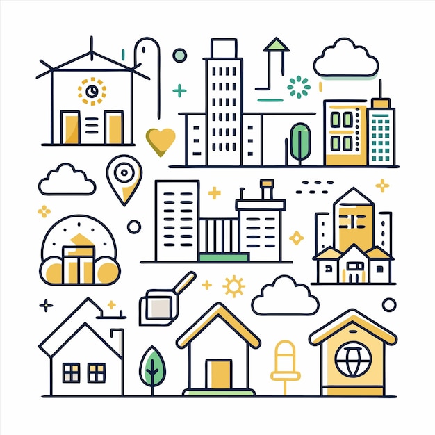 une illustration colorée d'une ville avec un bâtiment et une ville en arrière-plan