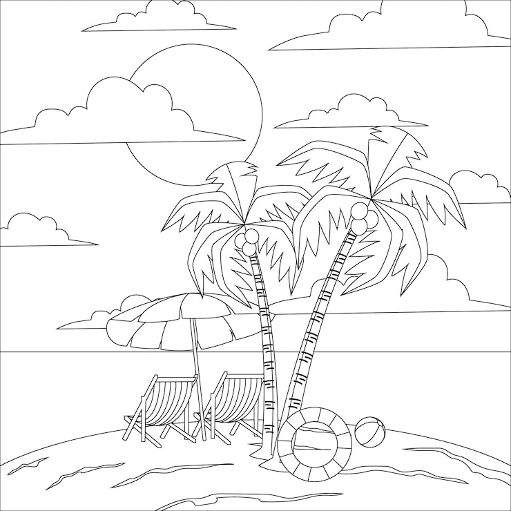 Illustration de coloriage de plage d'été pour enfants pour les enfants conception imprimable vierge pour les enfants