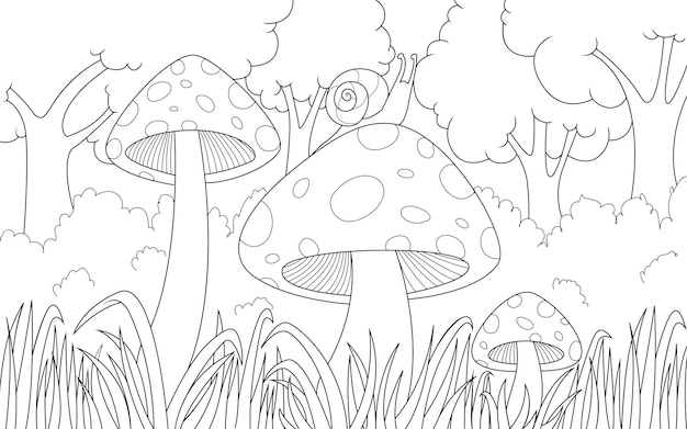 Vecteur illustration à colorier pour enfants avec champignons et escargots