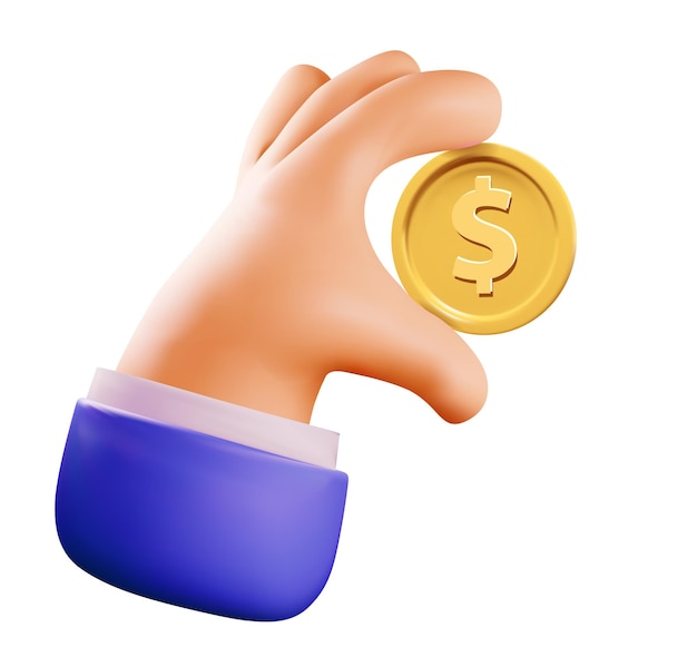 Illustration de concept d'argent ou d'entreprise ou de salaire avec dessin animé 3d rendu main tenant une pièce d'or