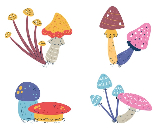 Illustration de concept de champignons de style doodle dessinés à la main conception graphique de dessin animé plat isolé