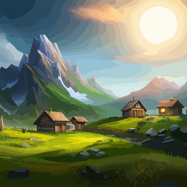 Vecteur illustration de concept créatif maison de cabane sur fond de montagne européenne illustration vectorielle sur toile
