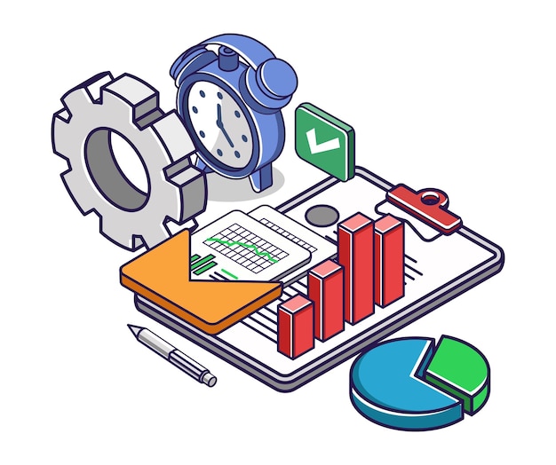 Illustration De Concept Isométrique Plat Progrès De L'analyse Des Données De Messagerie D'entreprise D'investissement