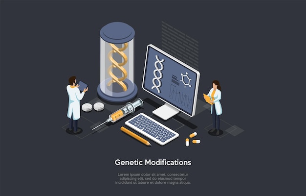 Illustration de concept de modifications génétiques dans un style 3d de dessin animé.
