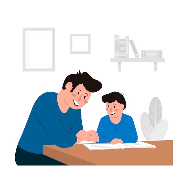Vecteur illustration concept père et fils étudiant à la maison