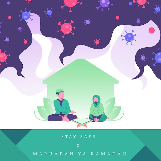 Vecteur illustration de concept de ramadan. couple a lu al quran et et reste à l'abri de la maison. activités en famille au ramadan