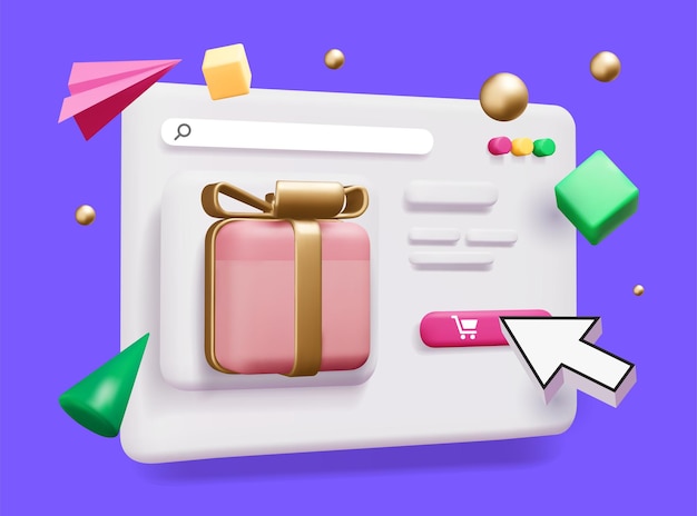 Illustration de concept de vente de Noël en ligne avec un site Web de rendu 3d de dessin animé avec un cadeau de Noël