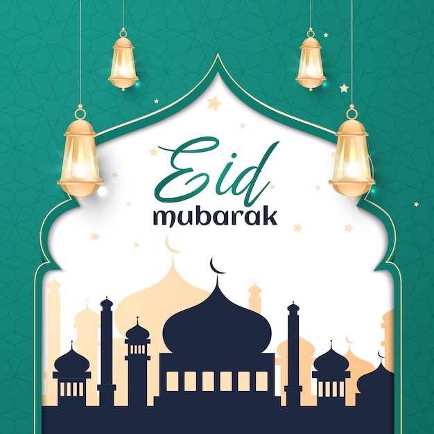 Illustration de conception décorative de fond islamique eid mubarak avec mosquée