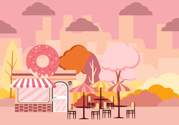 Illustration d'une conception de paysage de faible hauteur d'une ville à l'extérieur avec une boutique de beignets et un banc d'arbre Étiquette avec de délicieux beignets avec glaçage.