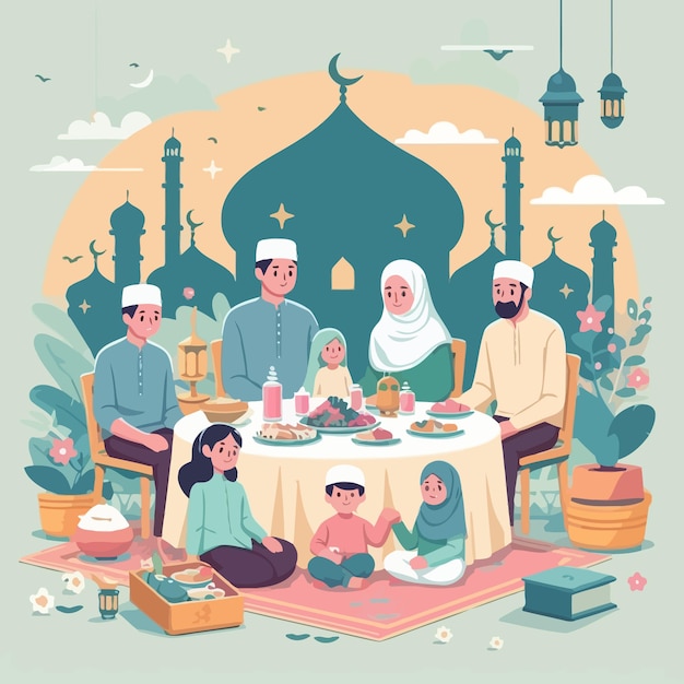 une illustration de conception plate de la réunion de la famille musulmane de la charia au mois de Ramadan