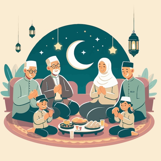 une illustration de conception plate de la réunion de la famille musulmane de la charia au mois de Ramadan