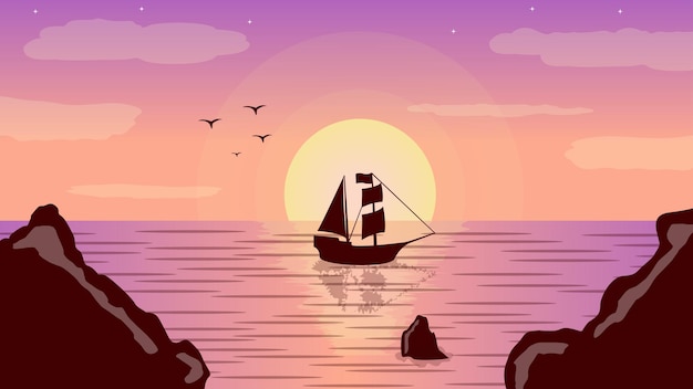 Illustration De Conception De Vecteur De Paysage Coucher De Soleil Avec Un Bateau