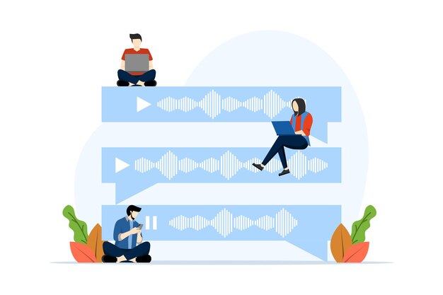 Vecteur illustration conceptuelle d'une conversation par message vocal avec des personnes utilisant des microphones pour enregistrer des messages