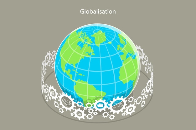Vecteur illustration conceptuelle de la mondialisation par vecteur plat isométrique 3d