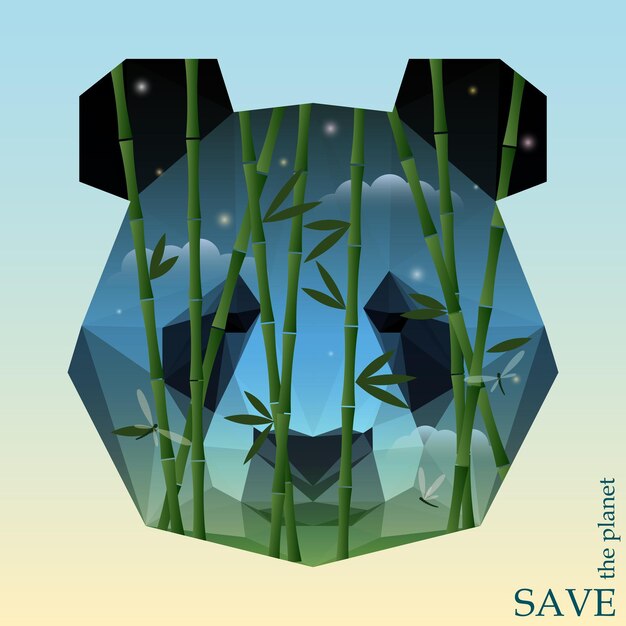 Illustration Conceptuelle Sur Le Thème De La Protection De La Nature Et Des Animaux Avec Du Bambou Sur Fond De Ciel Nocturne En Silhouette De Tête De Panda à Utiliser Dans La Conception De Cartes, Invitations, Affiches Ou Pancartes